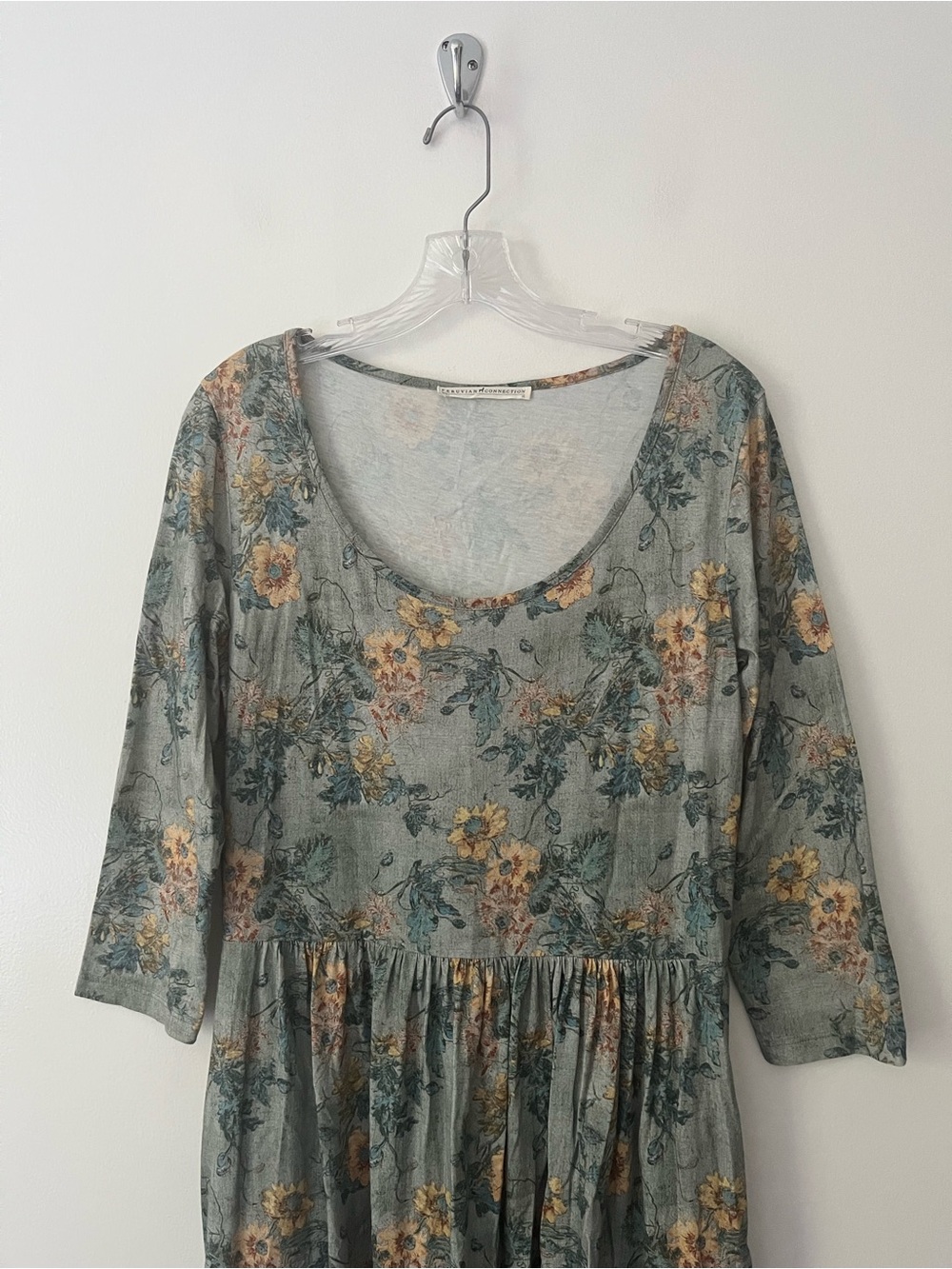 Peruvian Connection Windflower Floral Midi 3/4 Sleeves Pima Cotton Dress Medium - Picture 3 of 10